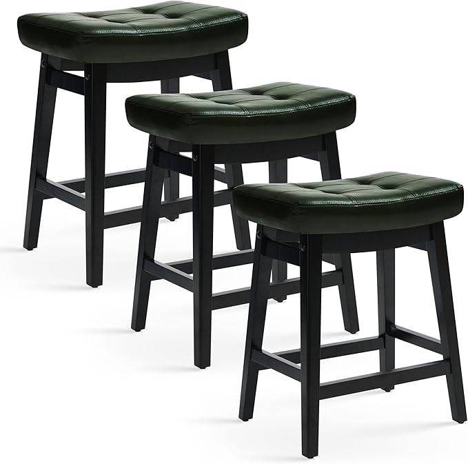 RNKSFX Counter Height Bar Stools Set of 3 for Kitchen Counter Farmhouse Modern Barstools with Faux Leather Upholstered Backless Seat and Solid Wood Legs 24 inch Bar Chairs, Green + Black