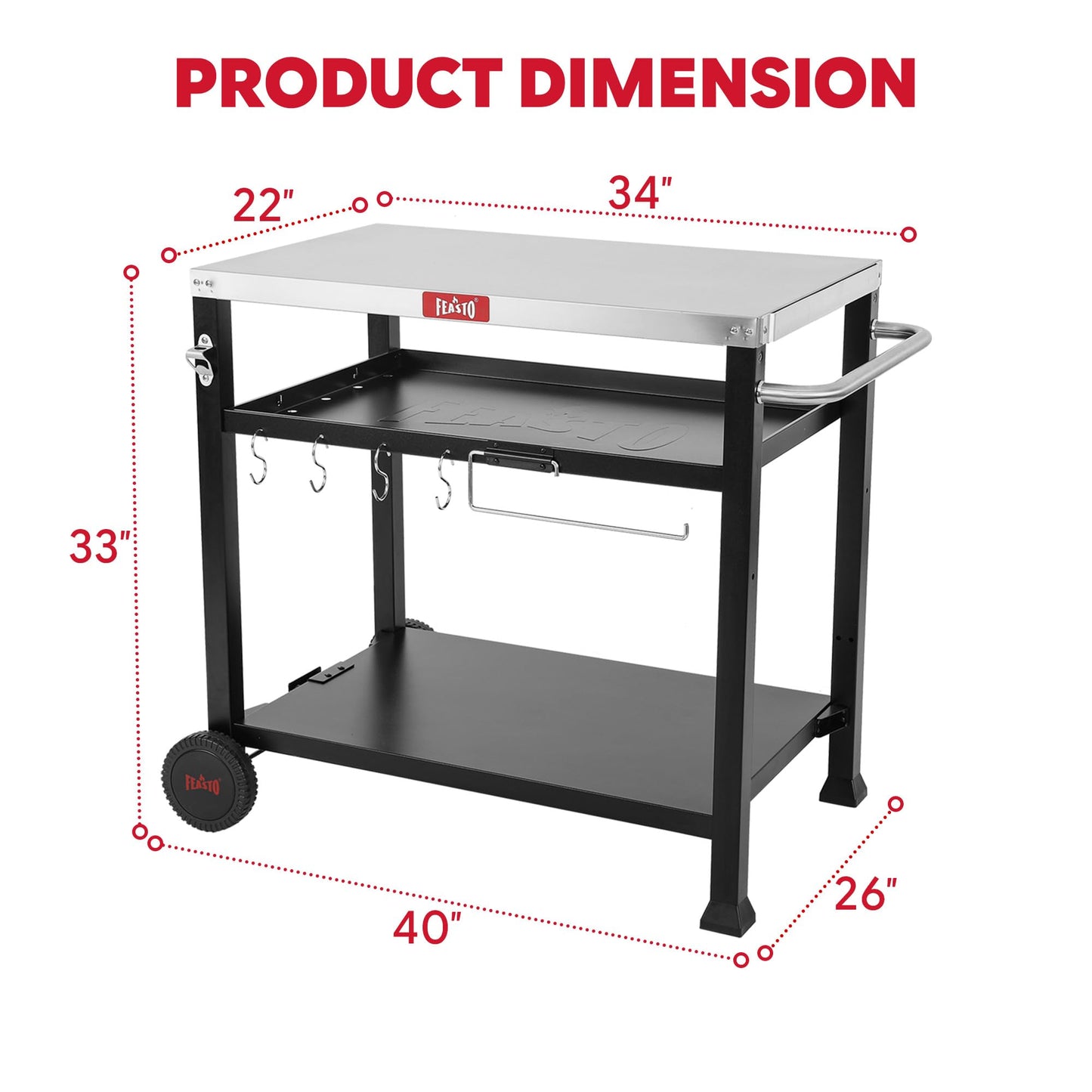 Feasto 3-Shelf Pizza Oven Table with 33.5" x 21.7" Stainless Tabletop, Outdoor Grill Cart with Tank Hook for Pizza Ovens & Griddles, Heavy-Duty Prep Station for Patio BBQ and Deck Parties, Black
