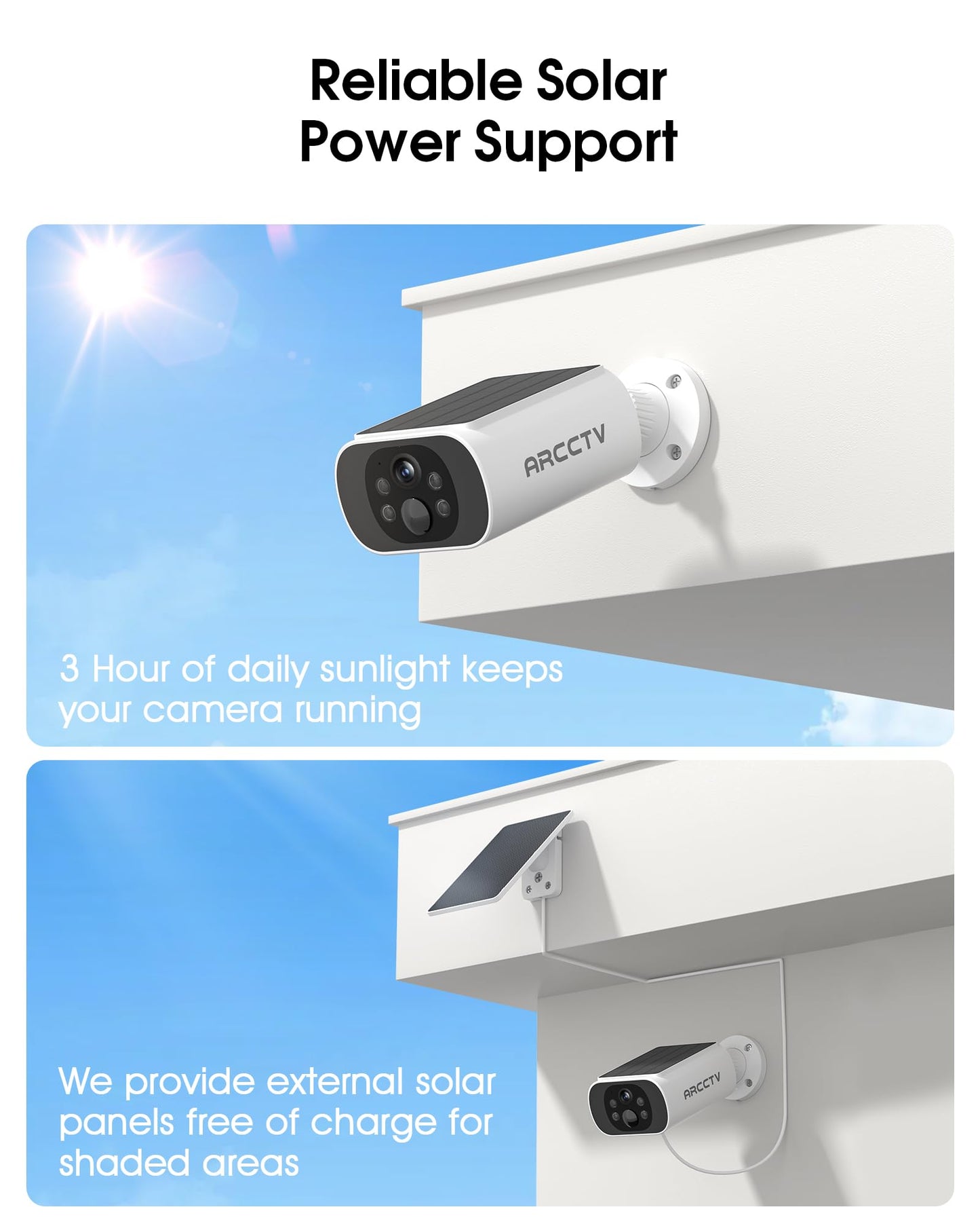 ARCCTV Solar Security Cameras Wireless Outdoor, No Monthly Fee, 2-Camera Bullet Home Security System with Base Station, 2K Video, Local Storage, Color Night Vision, Active Siren