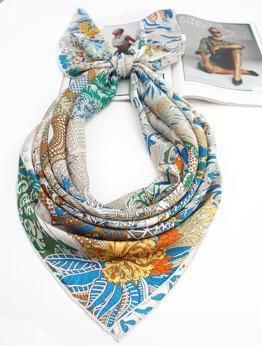 ANDANTINO 100% Silk Scarf 43" Large Square Lightweight Headscarf& Shawl–Women Hair Wraps-With Gift Packed (Beige&Blue)