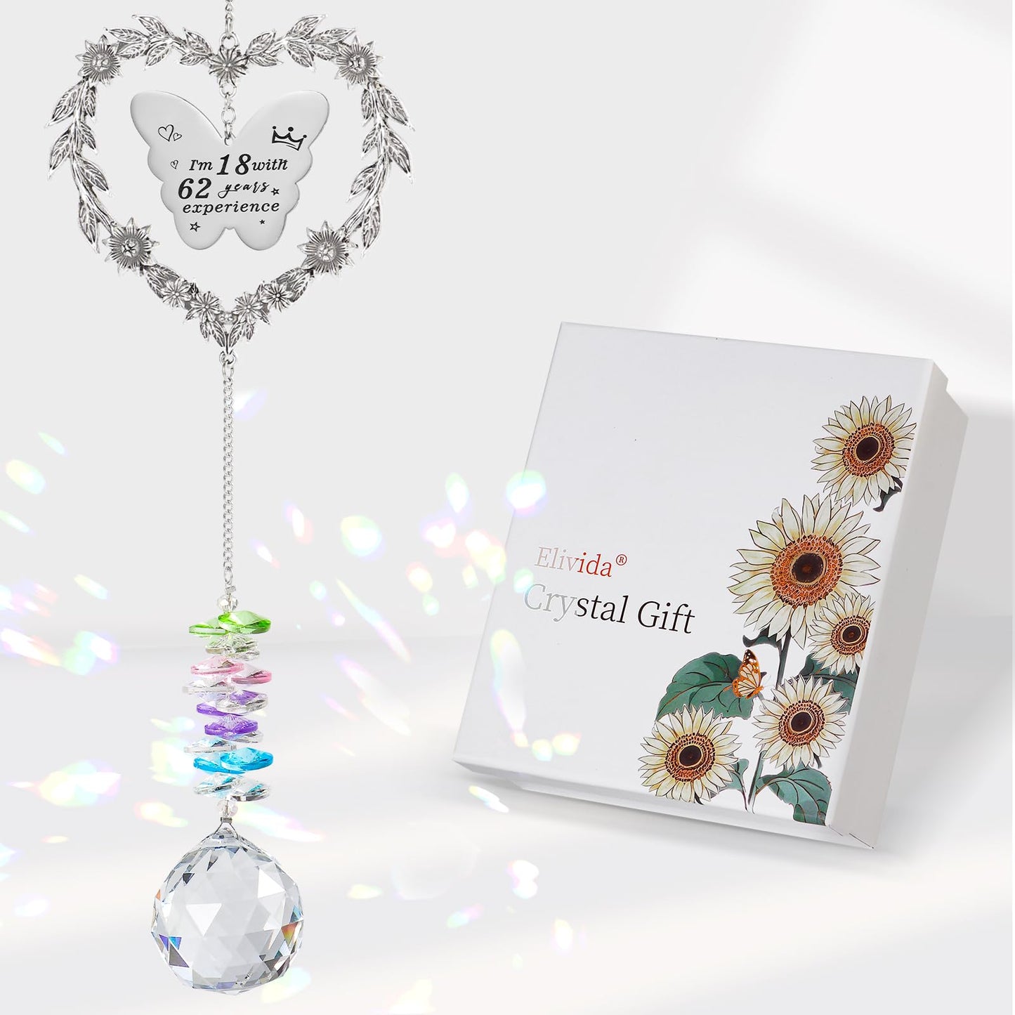Elivida 80th Birthday Gifts for Women, Happy 80th Birthday Suncatcher for Her, Thoughtful 80 Bday Crystal Ornament for Wife, Mom, Grandma, Sister, Aunt, Turning 80 Year Old Rainbow Marker