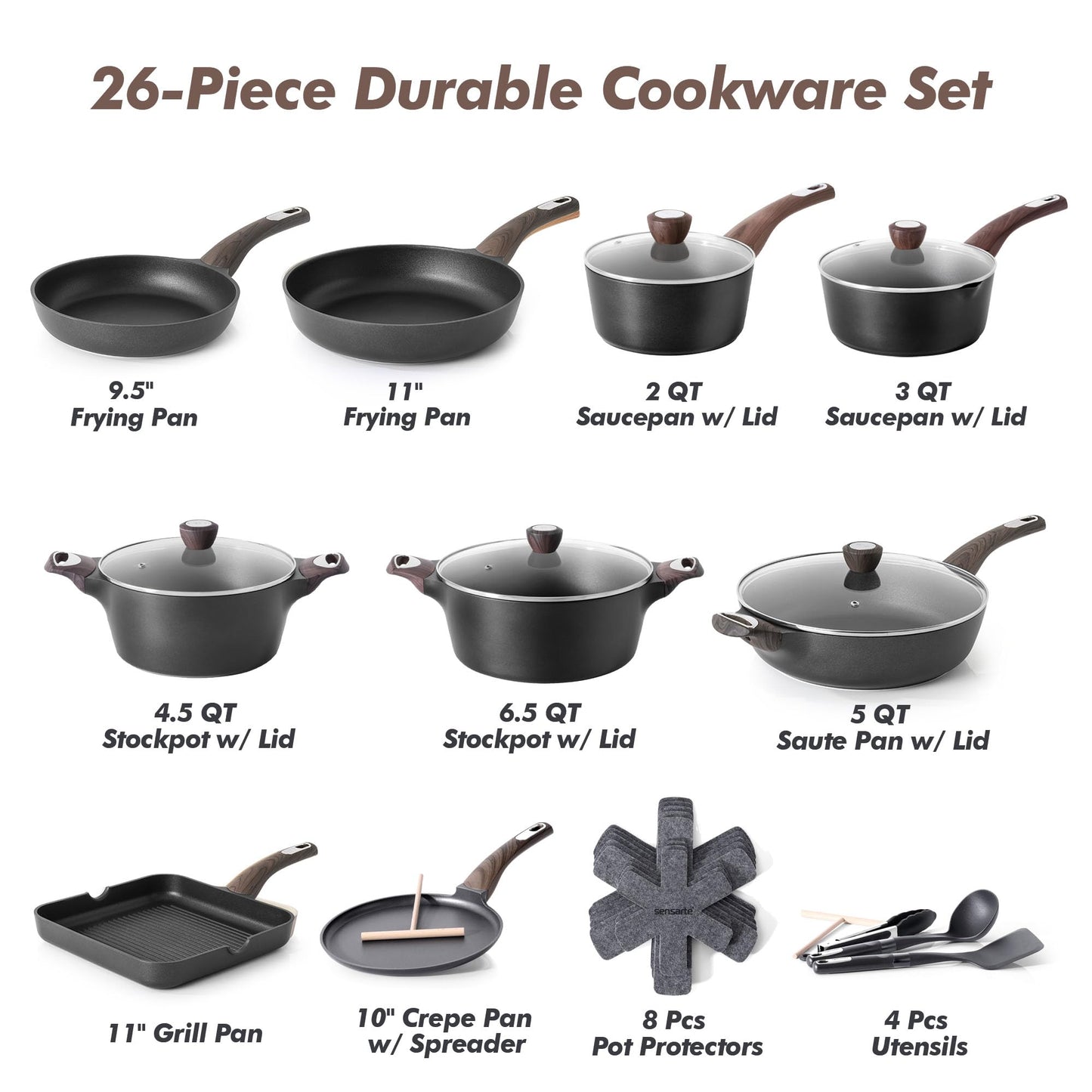 SENSARTE Pots and Pans Set Non stick, Non toxic Healthy Induction Cookware Sets, 26 Pcs Nonstick Kitchen Cooking Set, w/Frying Pans Set, Saucepans Set, Stockpots Set, PFOA PFOS Free, Black