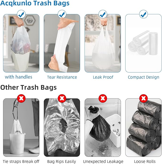 2.6 Gallon Small Trash-Bags Bathroom With-Handles - Kitchen White Garbage Bag 100 Count Little Plastic Unscented Waste Basket Office Car Thick Strong Can Liners Acqkunlo