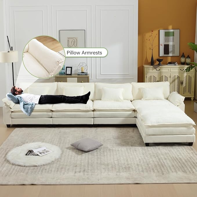 Oprisen 154" Modular Sectional Sofa, Comfy Cloud Couch Sectional Sofa with Ottoman, Chenille Sofa Sleeper Deep Seat Sofa with Throw Pillows for Living Room (Beige White, 154"- U Shape)