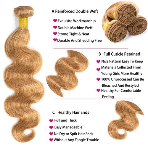 Ailabi Brazilian Honey Blonde Human Hair Bundles 14 16 18 Inch Body Wave Bundles Human Hair 11A Unprocessed Virgin Quick Weave Hair for Black Women