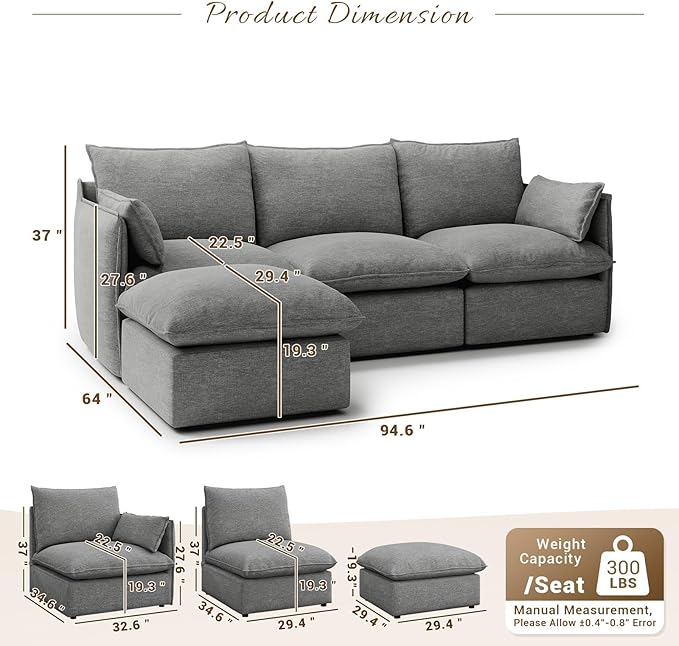 Forest aesthetics 94.5" L Shape Cloud Modular Sectional,4 Seater Waterproof High Backrest Sectional Sofas,Down Filled Modular Couch with Removable Washable Cover for Living Room,Dark Gray