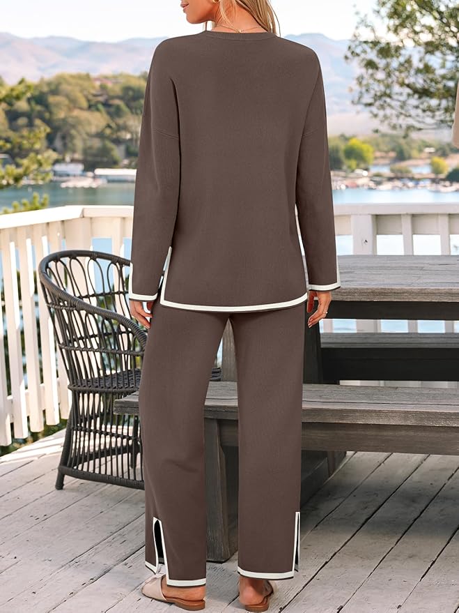LILLUSORY Women Fall 2 Piece Lounge Set Outfits Sweatsuits Long Sleeve Sweater Tops Wide Leg Pants