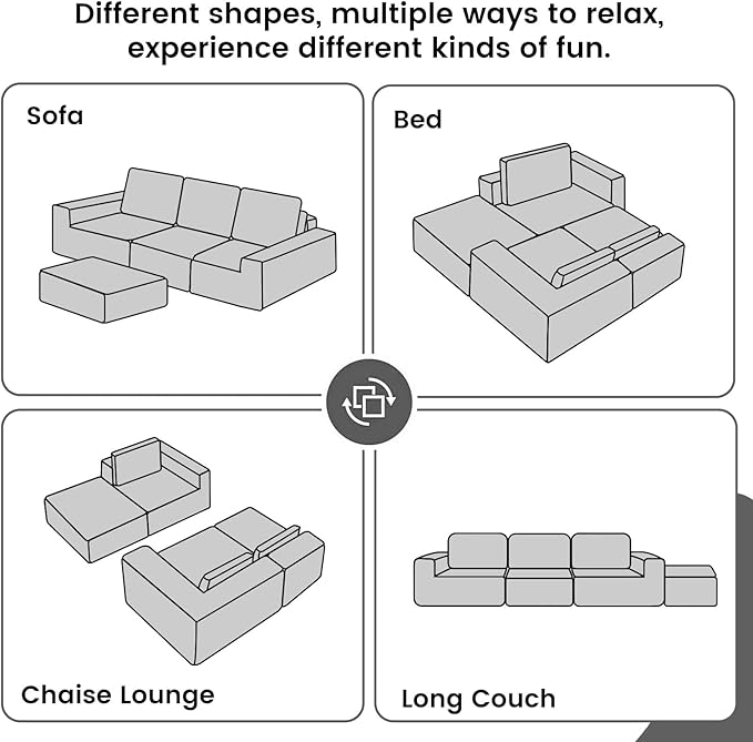 110" Boneless sectional Couch for Living Room,Convertible L-Shape Couches with Ottoman, Cloud Modular Sofa with Deep Seat for Bedroom, Cloud Corduroy, No Assembly,Grey