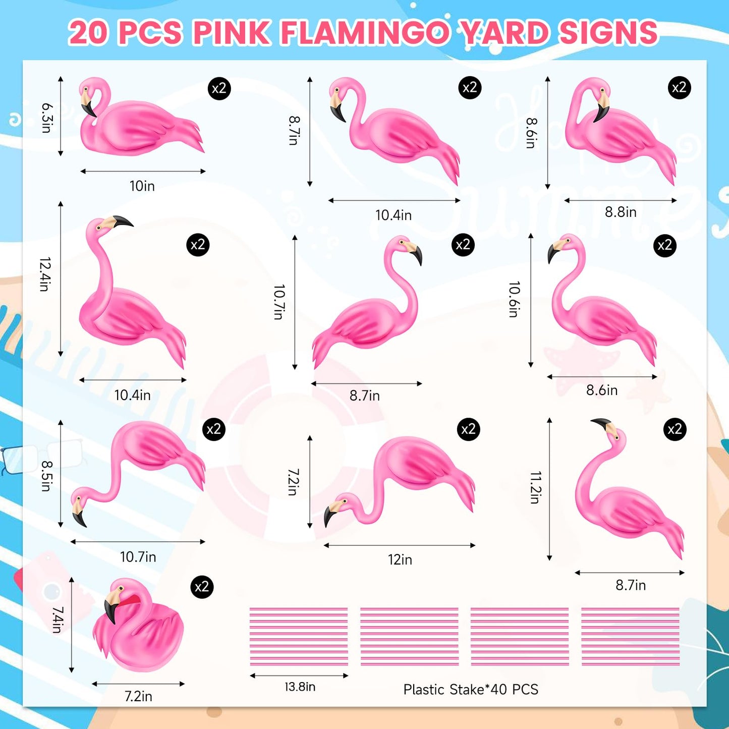Subacy 20 PCS Pink Flamingo Yard Signs with 40 Stakes Summer Beach Flamingo Lawn Sign 10 Styles Tropical Yard Lawn Patio Decorations Party Supplies(Normal)
