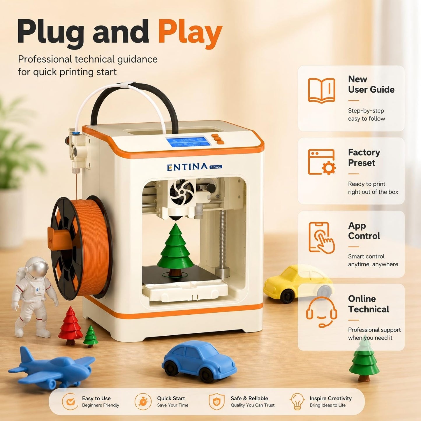 Entina Tina2C 3D Printer for Kids & Beginners, Fully Assembled Starter Mini 3D Printer, Start in 8 Mins, App & WiFi Control, Auto Leveling, 1500+ Model Library, 20+ Creative DIY Modules for STEM, Home