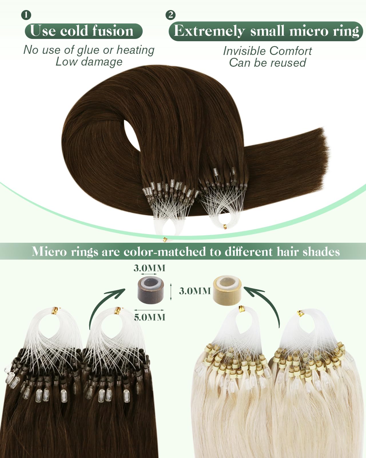 Ugeat Microlink Hair Extensions Chocolate Brown for Salon Micro Loop Real Human Hair Extensions Chocolate Brown Micro Bead No Gl