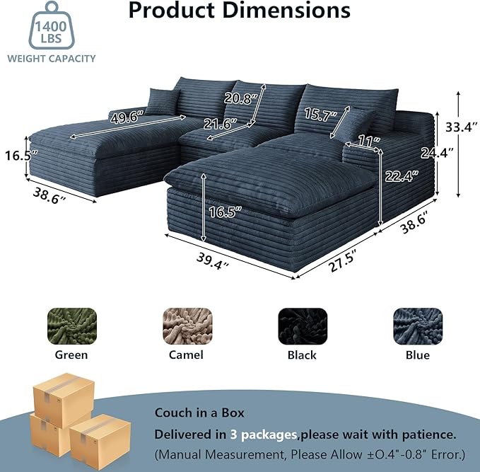 107" Cloud Sectional Couch U-Shaped Chaise with Ottoman, Corduroy Boneless Couch for Living Room Bedroom, Deep-Seat Upholstered Modular Cloud Sofa, No Assembly Required (Blue, Left Facing Chaise)