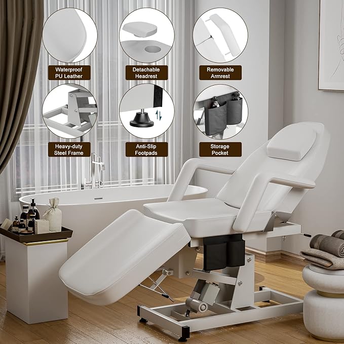 SyyBhb Electric Height Adjustable Esthetician Chair Facial Bed, 3-Section Folding Lift Tattoo Chair Bed Massage Table for Spa, Lash Extension, Microblading, Wax, Medical Treatment, White