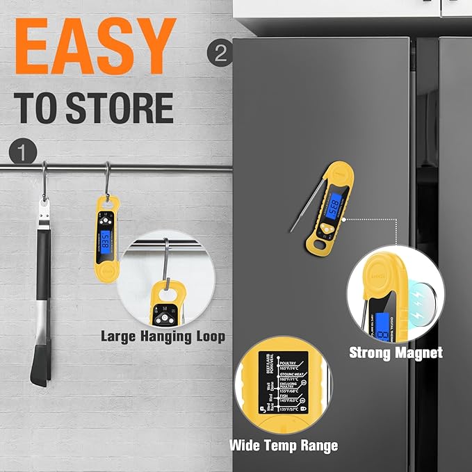 Meat Thermometer Digital, Instant Read Food Thermometer - Waterproof w/Backlight for Cooking, Candy, Deep Fry, BBQ, Grill, Candy Making Accessories, Gifts for Men Women(Yellow)