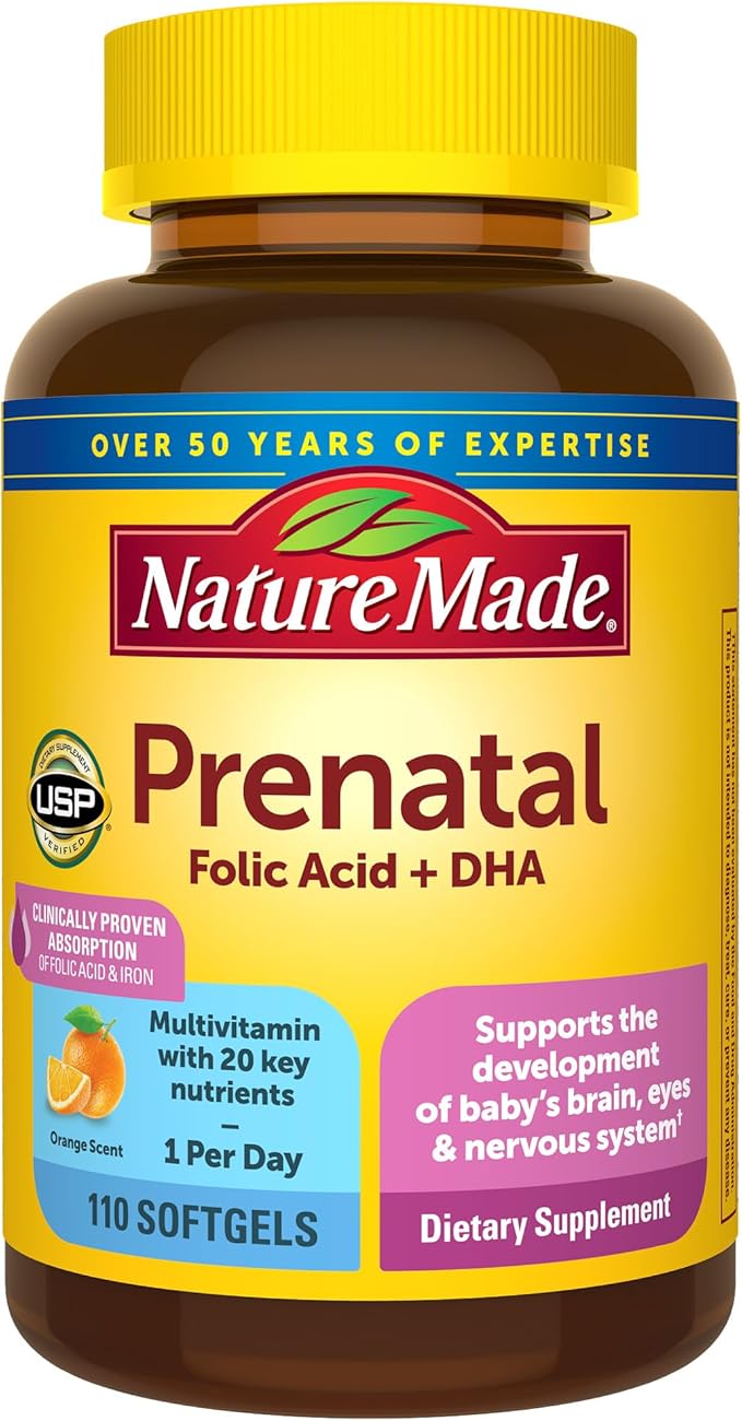 Nature Made Prenatal with Folic Acid + DHA, Prenatal Vitamin and Mineral Supplement for Daily Nutritional Support, 110 Sof...