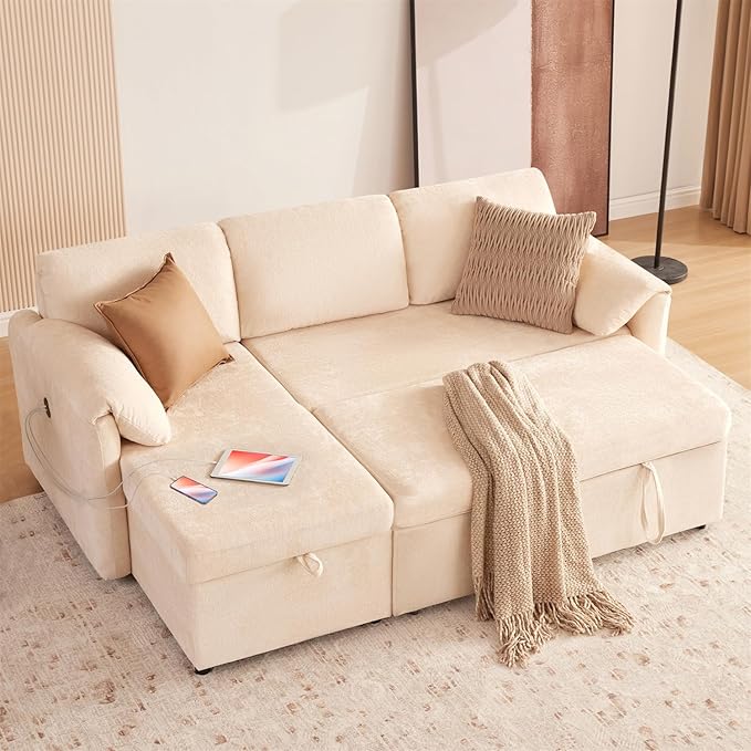 Tbfit 83'' 3 in 1 Sleeper Sofa Couch with USB & Storage Chaise, Cloud Sofa Bed with Pull Out Bed, Chenille Convertible Sleeper Sofas for Living Room, Small Spaces, Beige