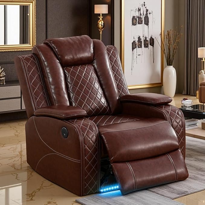 Toseslo Power Leather Recliner Chair Set with LED Light, Brown Leather Reclining Set, Living Room Furniture Sets, Modern Power Recliner Sets for Living Room/RV/Apartment