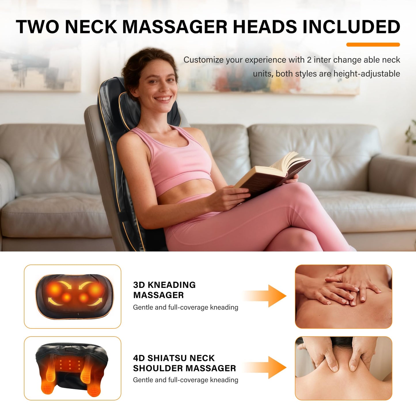 Shiatsu Neck Back Massager Chair Cushion w/heat - Full-Back Massage Cushion with Kneading, Rolling, Vibration- Adjustable Neck Height & Intensity - Heated Seat for Home & Office for Holiday Gift