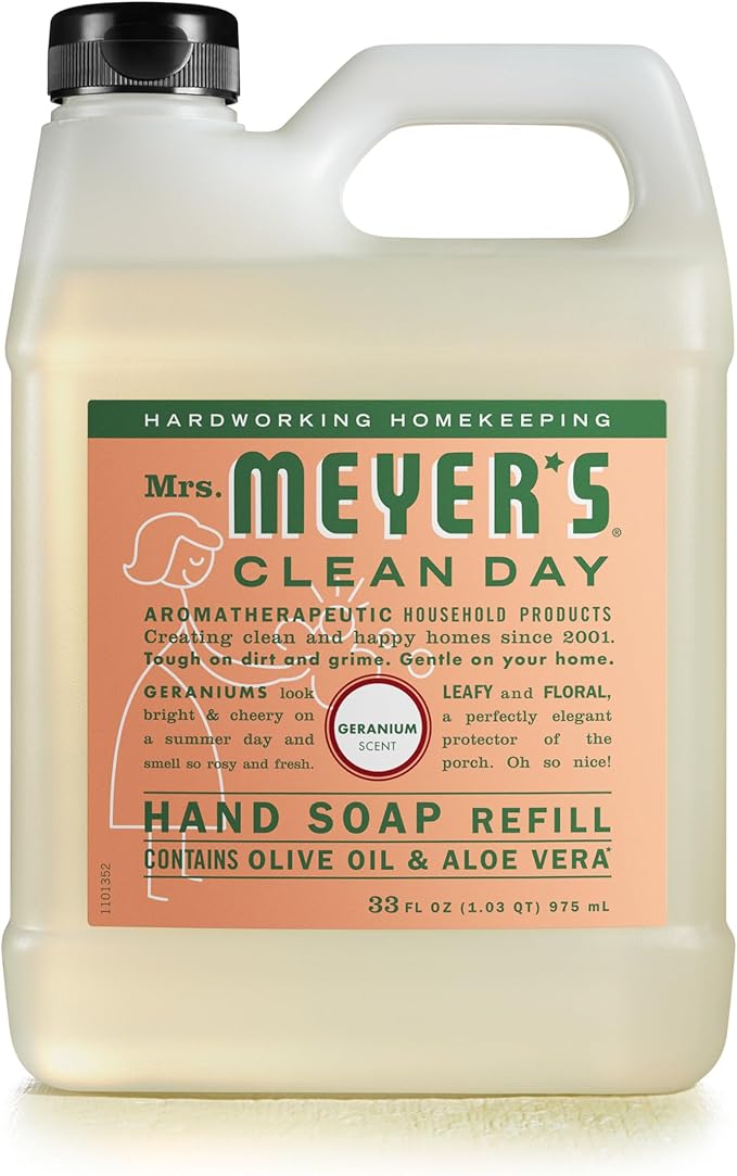 MRS. MEYER'S CLEAN DAY Hand Soap Refill, Made with Essential Oils, Geranium, 33 fl. oz