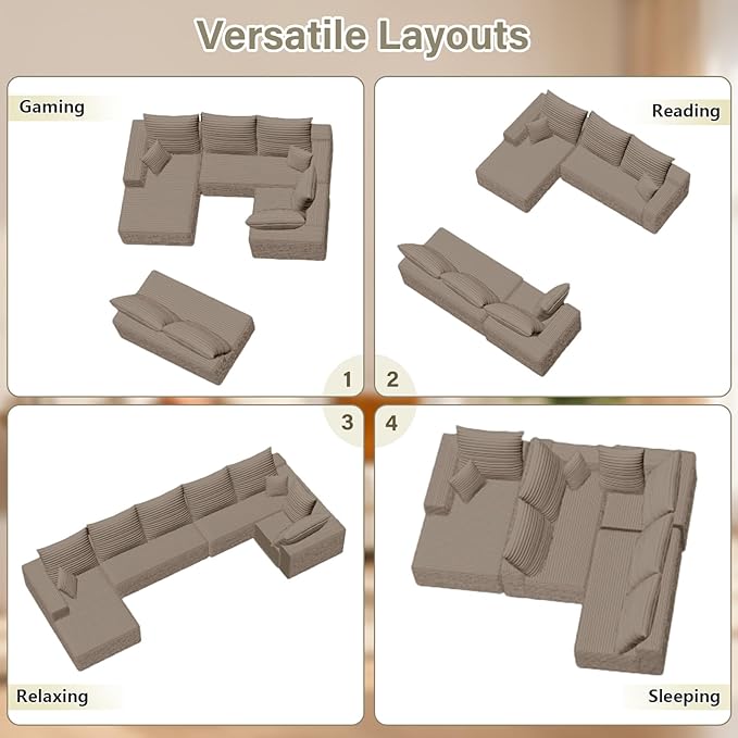 Cloud Sectional Couch with L-Shape Chaise, Upholstered Corduroy Couches Stupendous U Shaped Sofas, Modern Modular Comfy Sofa with Deep Seat for Living Room Bedroom, No Assembly Required, Camel