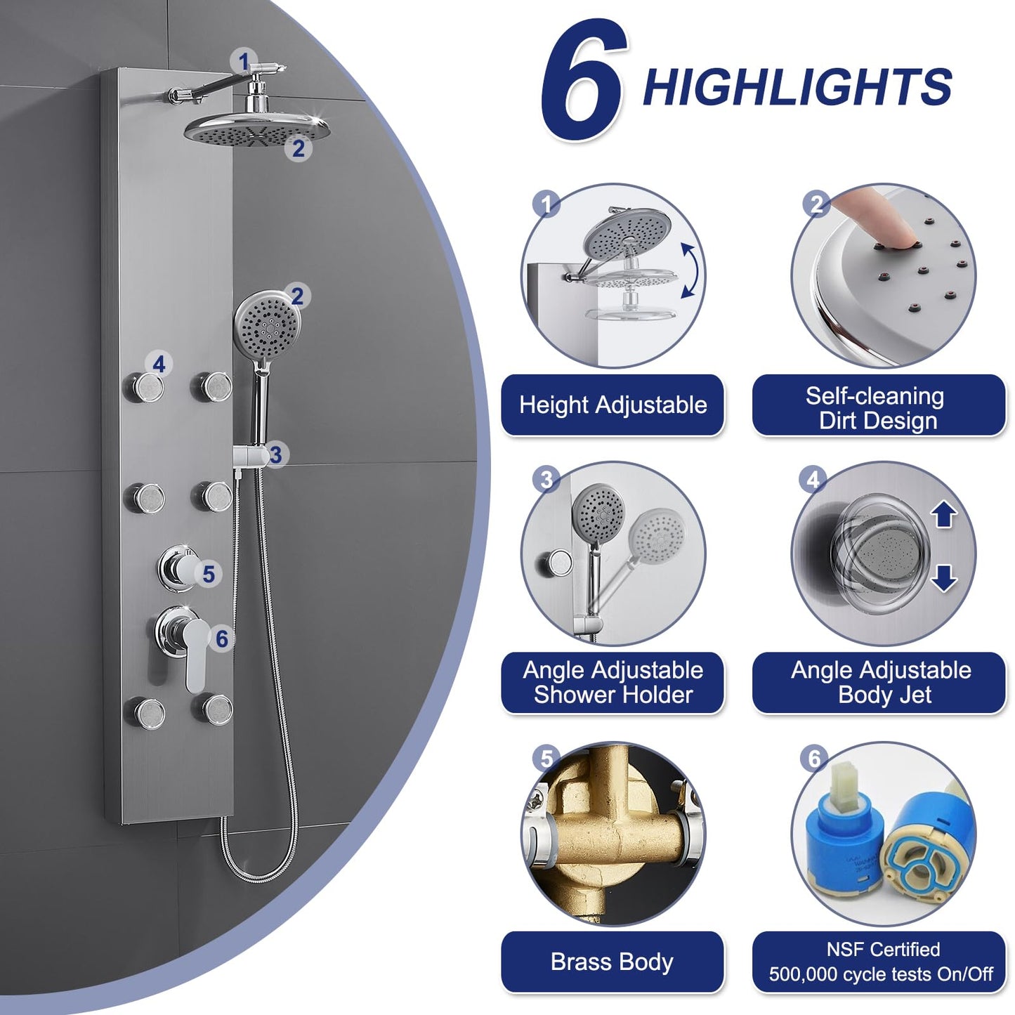 ROVATE Shower Panel Tower System 304 Stainless Steel, Shower Panel System with Adjustable Rainfall Shower Head, 6 Body Massage Jets and 5 Functions Handheld, Brushed Surface