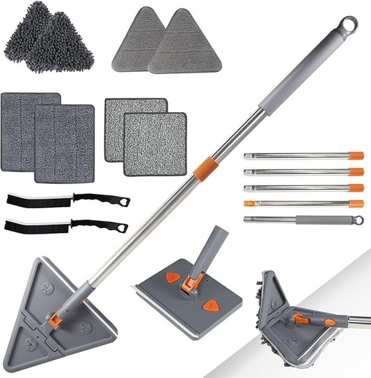 85'' Wall Mop and Baseboard Cleaner Tool with Handle 2-in-1 Wall Cleaner Mop with Triangle & Square Heads, 8pcs Reusable Pads for Cleaning, Ceiling, Wall, Floor, Shower