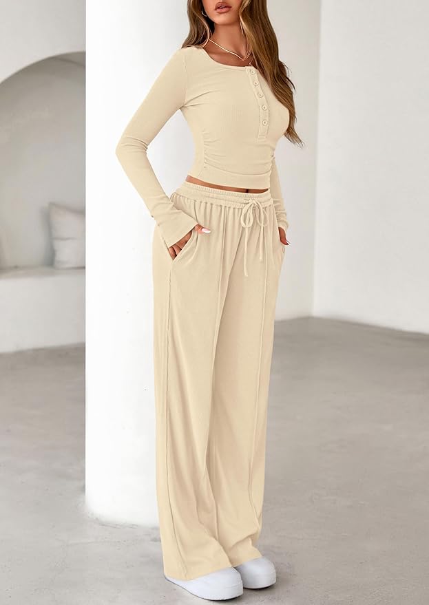 PRETTYGARDEN Women's 2026 Fall Trendy 2 Piece Outfits Lounge Sets Long Sleeve Top Henley Shirts Wide Leg Pants Travel Clothes