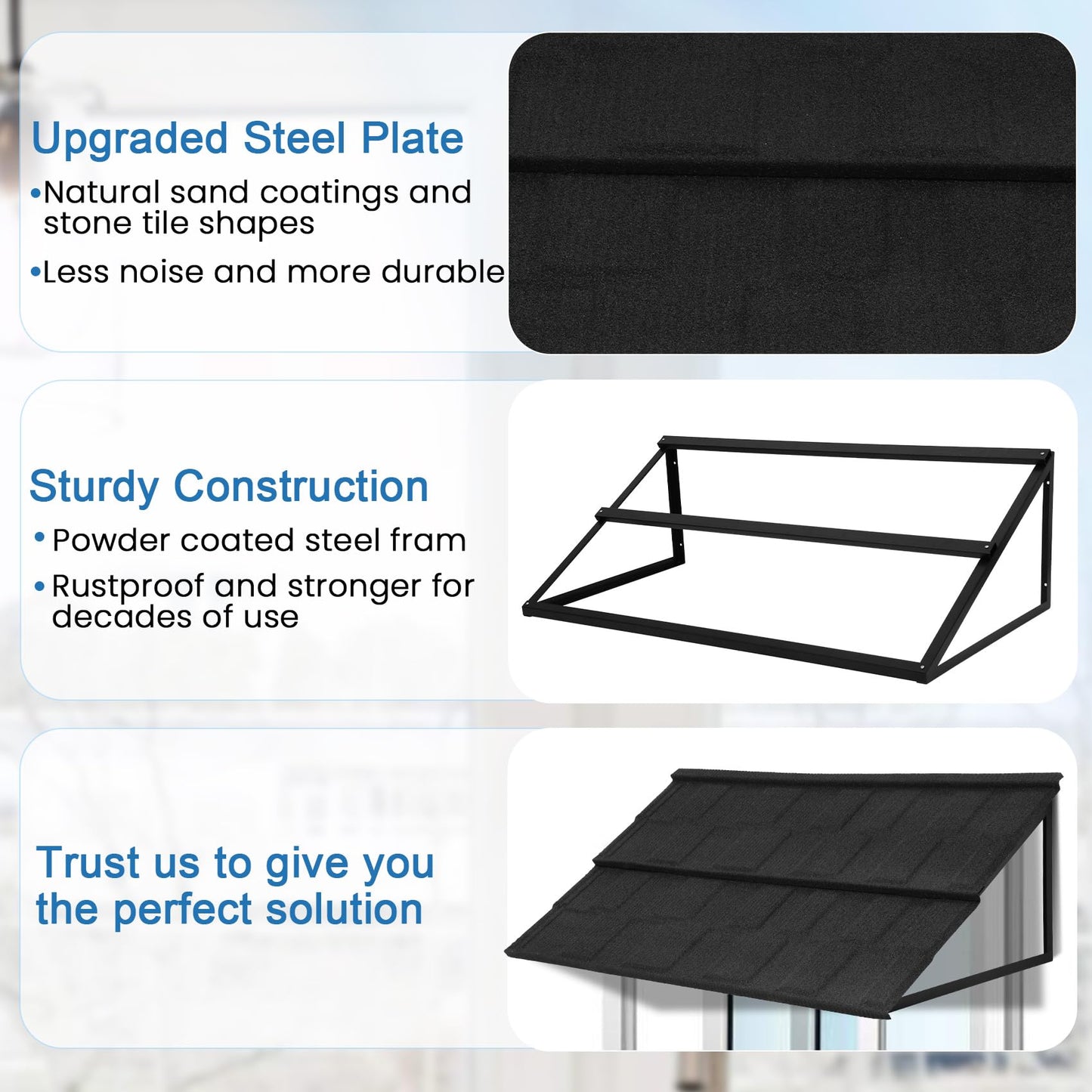 Fixed Metal Awnings 52in W x 31in H, Heavy-Duty Triangle Steel Frame with Tile-Design Metal Awning for Doors, Windows, Porches, Balconies (Black)