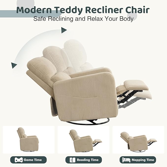 AEMEIOS Swivel Rocker Recliner, Oversized Manual Nursery Glider Rocking Recliner Chair with Removable Cushion, Upholstered Swivel Reclining Chair for Nursery Living Room Bedroom, Corduroy Camel