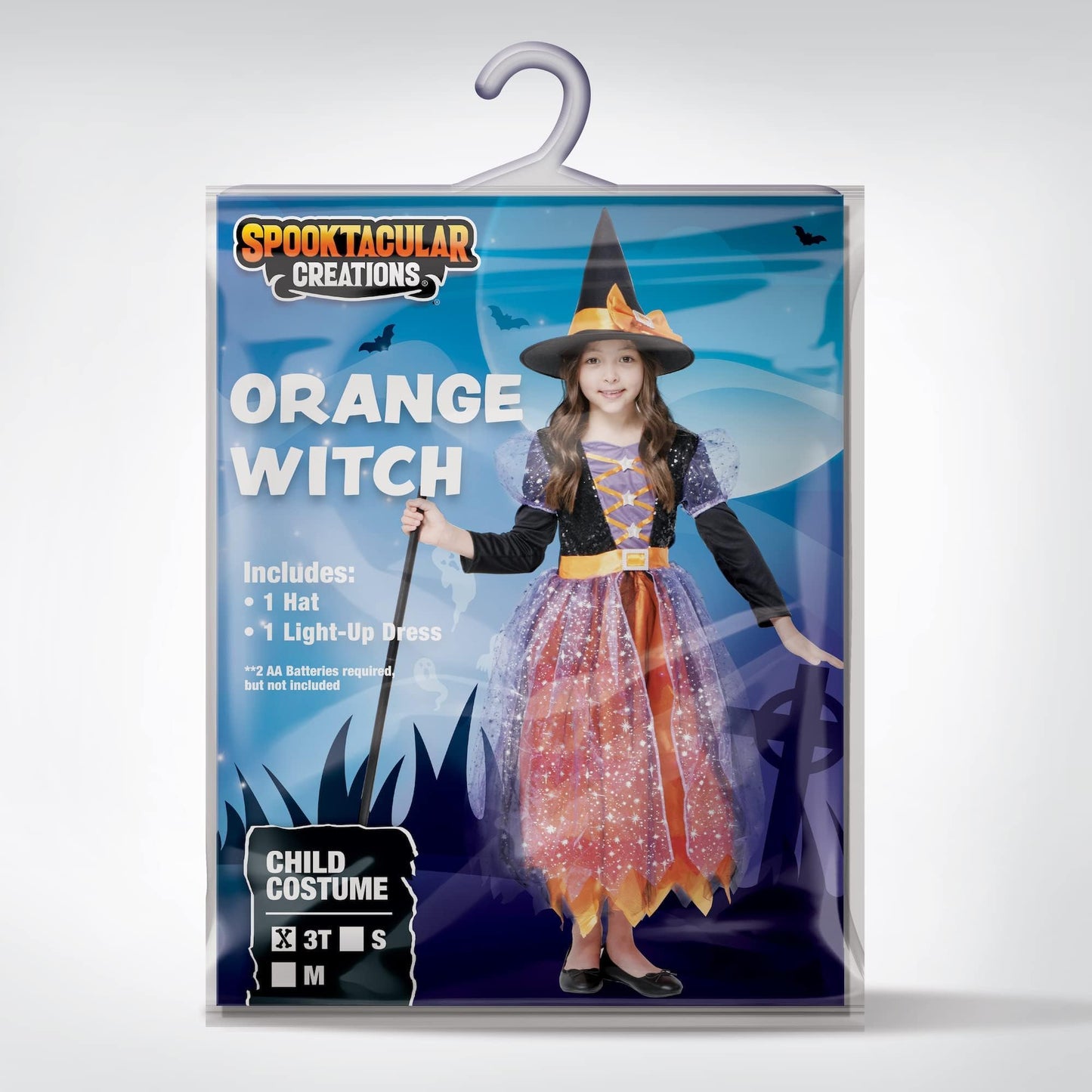 Spooktacular Creations Witch Costume Kids, Light Up Halloween Costumes Witch Dress with Hat and Broom for Girls, Sweet Wizard Set for Toddler Scary Halloween Themed Parties, Orange, M