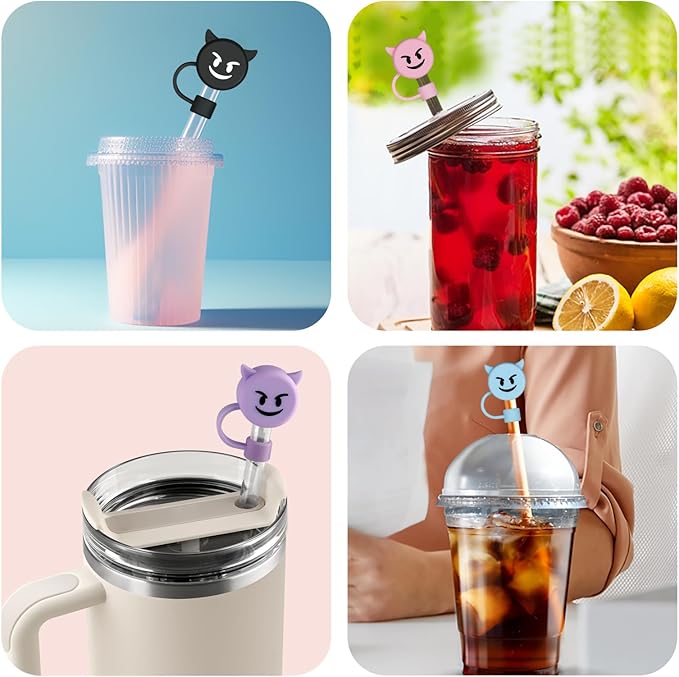 Halloween Silicone Straw Covers Cap for Stanley Cup, Cute Straw Topper for Stanley 30&40 Oz Tumbler, Reusable Dust-Proof Drinking Straw Cover, Set of 4（Demon）