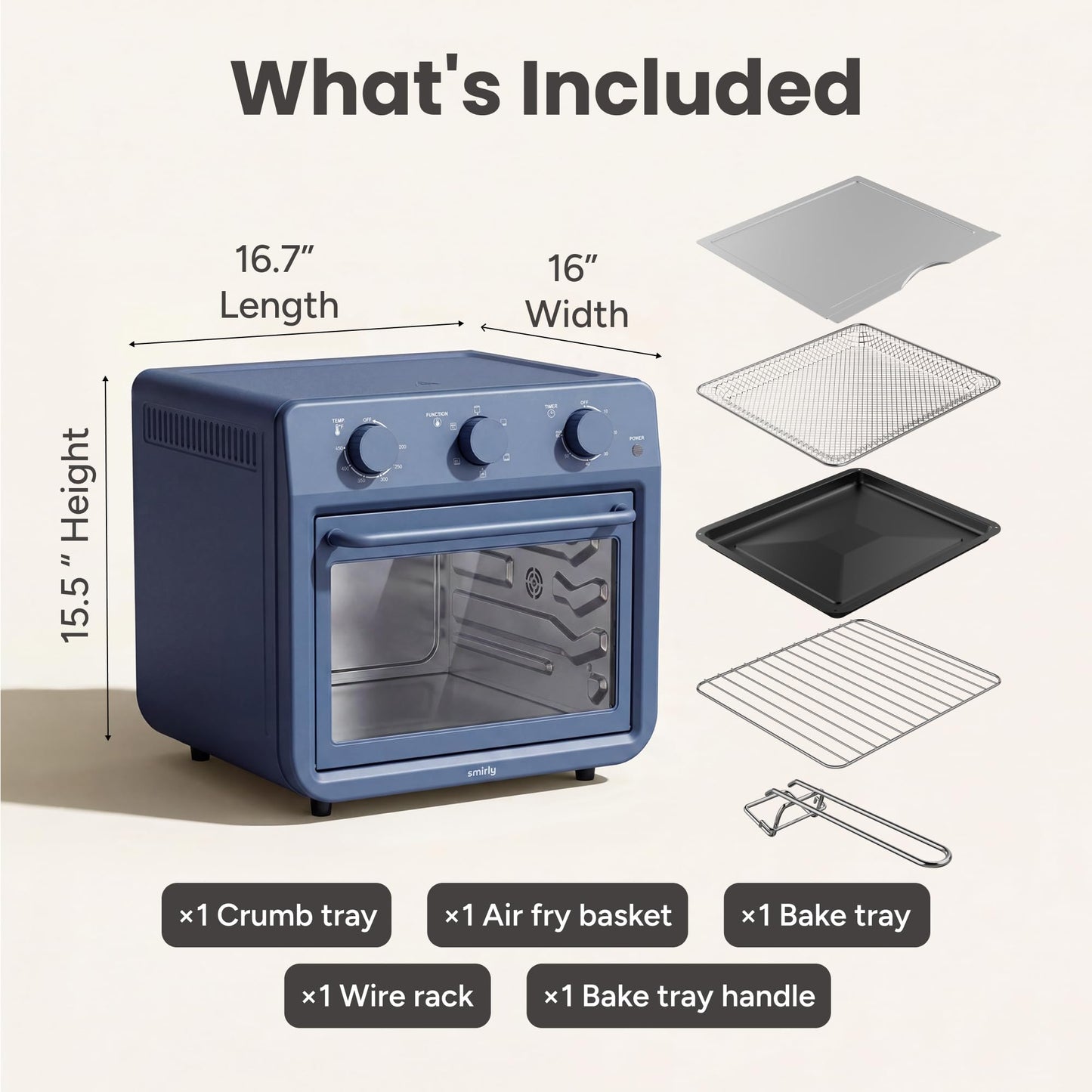 SMIRLY 6-in-1 Air Fryer Toaster Oven Combo, 27QT Convection Oven Countertop, 1800W Oven for Toast, Roast, Bake, Reheat, Broil, Warm, Fits up to a 4 lb Turkey, 12" Pizza, 6 Toast, Blue