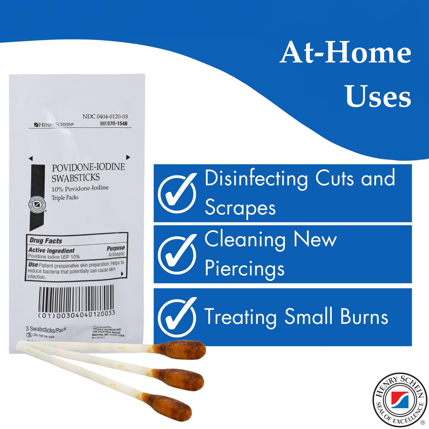 Henry Schein Prep Povidone-Iodine Swabsticks 3's, Individually Packed, Sterile, Antiseptic for Skin Preparation, 10% Povidone-Iodine- 25/BX