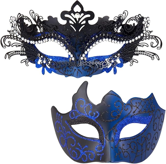MYSEUNI 2025 Masquerade Masks for Couples, Shiny Rhinestone Metal Filigree Venetian Mask & Mens Venetian Mask for Mardi Gras