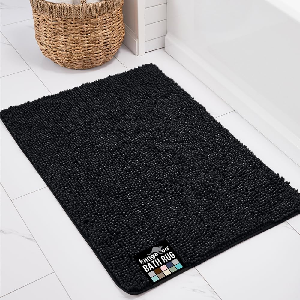 KANGAROO Bathroom Rugs, Chenille Soft Absorbent Bath Rug, Shaggy Shower Mat, Quick Dry Machine Wash Bathmat, Plush Carpet Mats for Tub, Bathtub and Room Home Decor Accessories, 60x24, Black