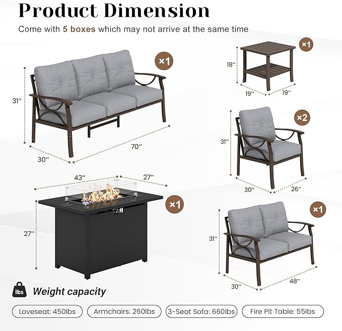 FansaFurn 6-Pieces Outdoor Patio Furniture Set with 43" Fire Pit Table, Outdoor Metal Sectional Sofa with Cushions, Outdoor Conversation Set for Garden, Balcony, Deck, Backyard, Grey