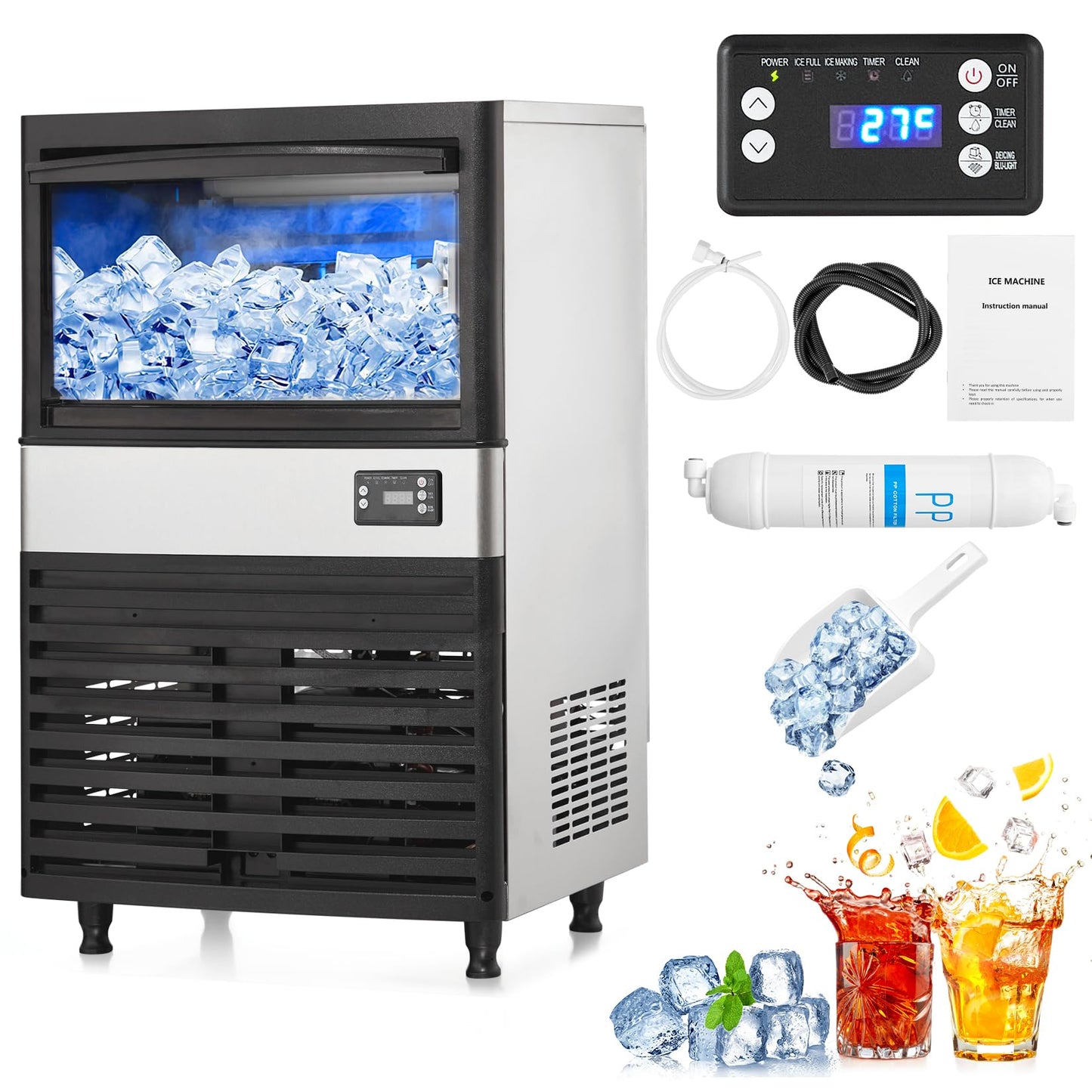 Commercial Ice Maker 130L/34.3Gal Output & 30L Storage | Dual Water Inlet & Auto Sanitization Cycle - Undercounter SUS304 Design with Programmable Timer for Bars, Restaurants, School Cafeterias