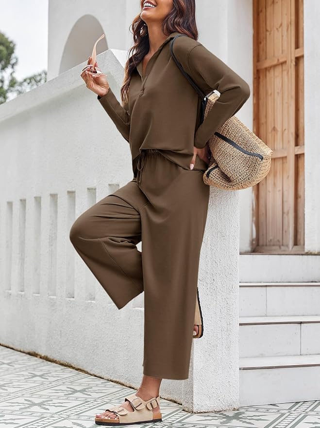 Imily Bela Womens 2 Piece Outfits Sweatsuit Long Sleeve Lapel V Neck Shirt and Wide Leg Pants 2025 Fall Trendy Tracksuit