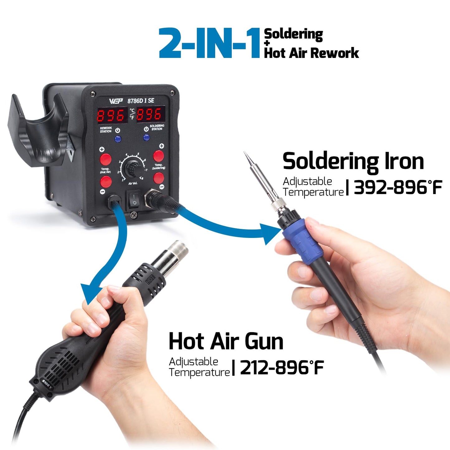 WEP 8786D-I SE Hot Air Soldering Iron Station Kit 2-IN-1 for Rework, Desoldering with Lead-Free Solder Wire, 5 Soldering Tips, 3 Hot Air Nozzles,Tweezers, Desoldering Pump