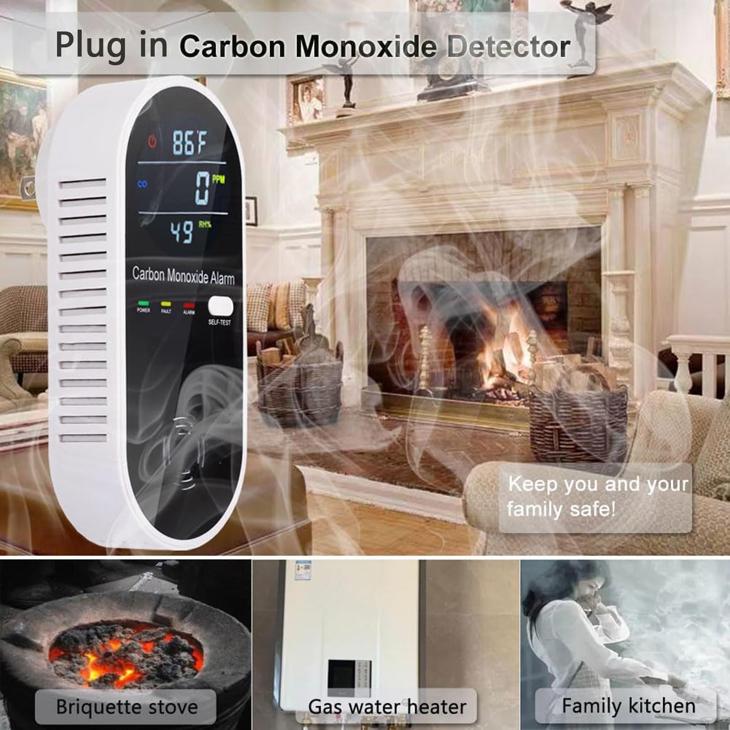 KH Alert 3 in 1 Carbon Monoxide Detector, KH Alert Portable Carbon Monoxide Detectors for Travel, Plug in Carbon Monoxide Detector with Temperature Humidity Sensor Built-in, Easy to Read & Install