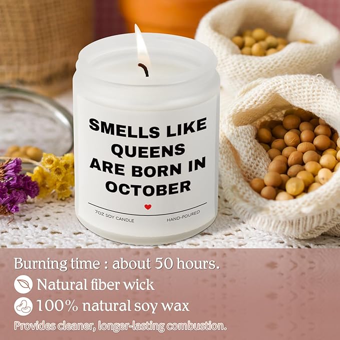 October Birthday Gifts for Women, Queens are Born in October Candle, 30th 40th 50th 60th Happy Bday Gift Idea for Girl Female Sister Mom Aunt Friend from Daughter Son Child Husband,7 OZ