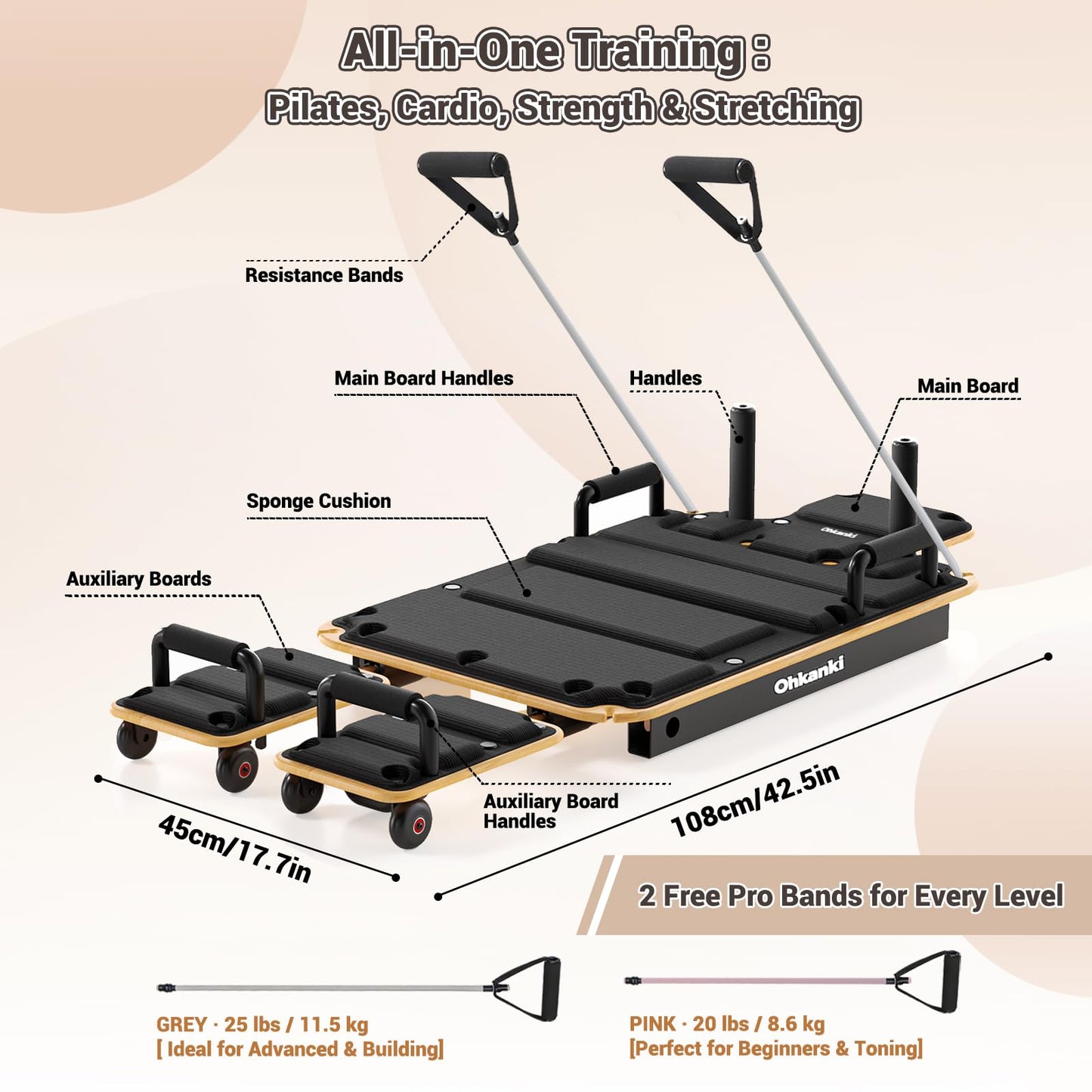 Pilates Reformer Board for Home Workout, 5-in-1 Pilates Equipment , Maple Wood Deck & High-Strength Steel Rails, Adjustable 20 lbs & 25 lbs Resistance Bands, Core & Full-Body Training
