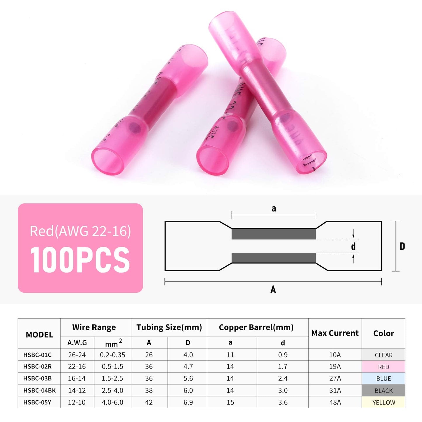 Heat Shrink Butt Wire Connectors, 100Pcs 22-16 AWG Red Insulated Waterproof Electrical Wire Connectors Automotive Marine Grade Wire Crimp Terminals Butt Splices, Ideal for Boat, Truck, Red
