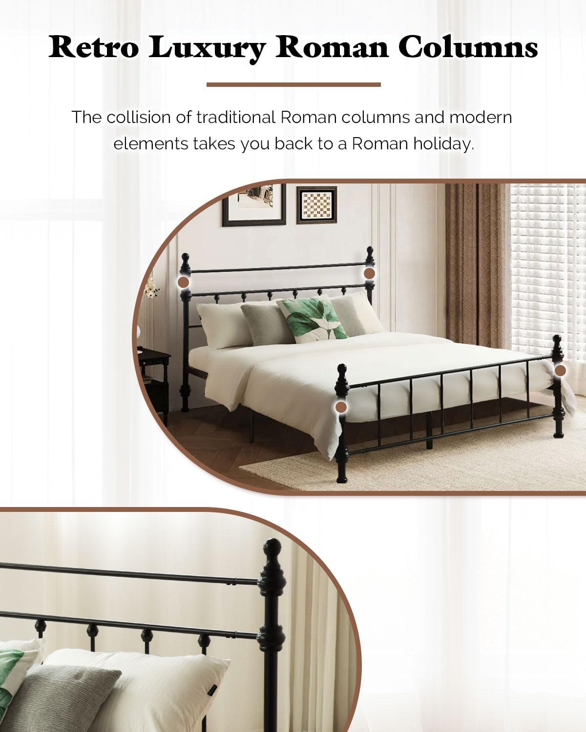 Queen Size Bed Frame, Metal Platform Bed with Straight Headboard, Retro Luxury Roman Column, Easy Set up, No Box Spring Needed, Storage Space Under-Bed（Queen）