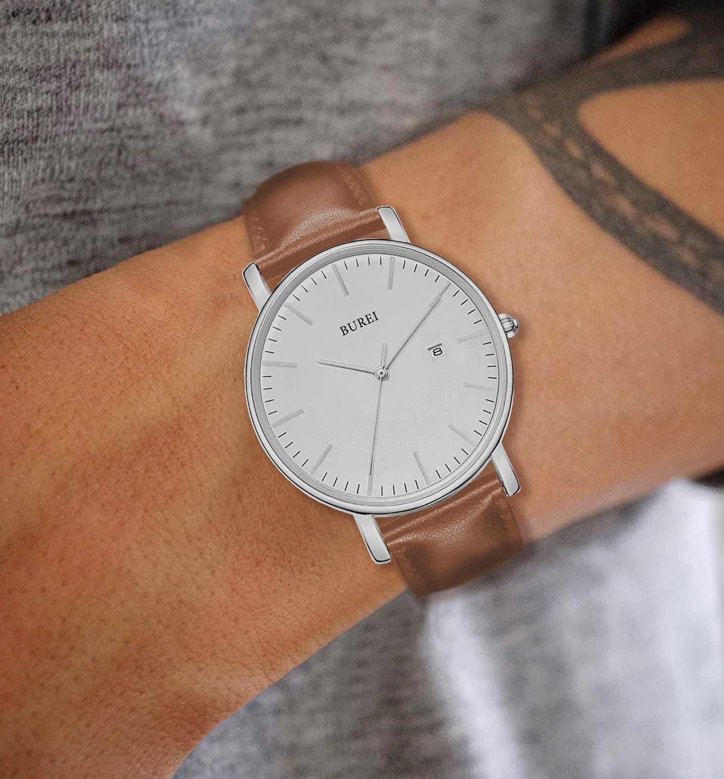 BUREI Men's Fashion Minimalist Wrist Watch Waterproof Watches Simple Ultra Thin Watches Analog Quartz Date with Brown Black Leather Strap