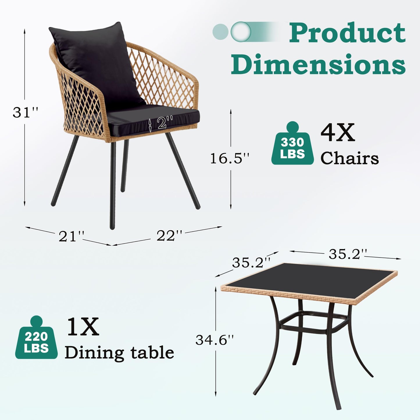 ECOTOUGE 5 Piece Patio Dining Set, Wicker Outdoor Furniture Set w/Glass Square Table, 4 PCS Chairs w/Waterproof Cushions for Backyard Garden Deck, Yellow/Black