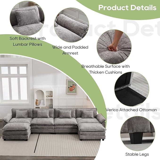 Oprisen 154" Modular Sectional Sofa, Comfy Cloud Couch Sectional Sofa with Ottoman, Chenille Sofa Sleeper Deep Seat Sofa with Throw Pillows for Living Room (Light Gray, 154"- U Shape)