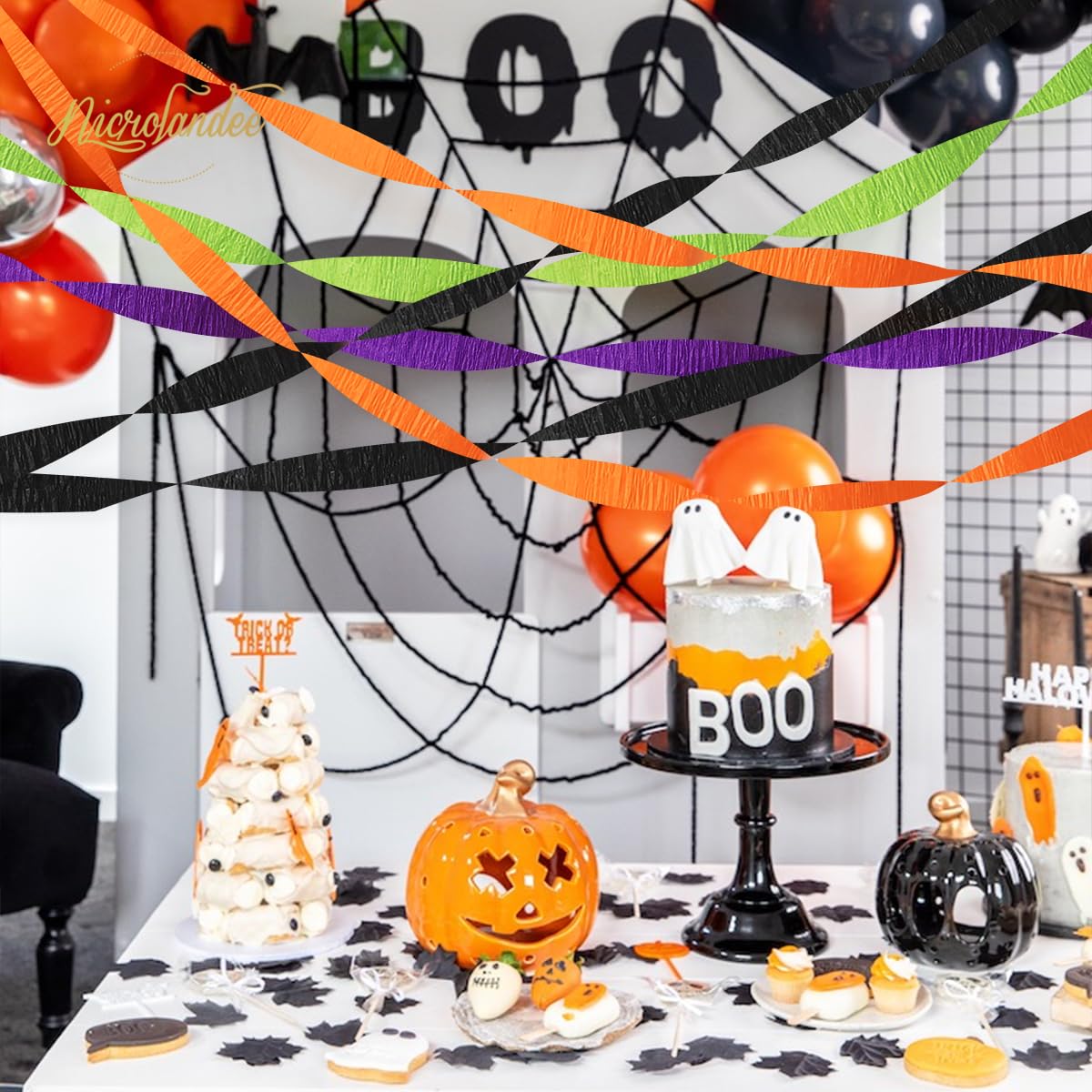 NICROLANDEE Halloween Crepe Paper Streamers - Black & Orange, 82ft Long, 8 Rolls for Halloween Theme Horror Party, Birthday & Home Party Backdrop Decorations