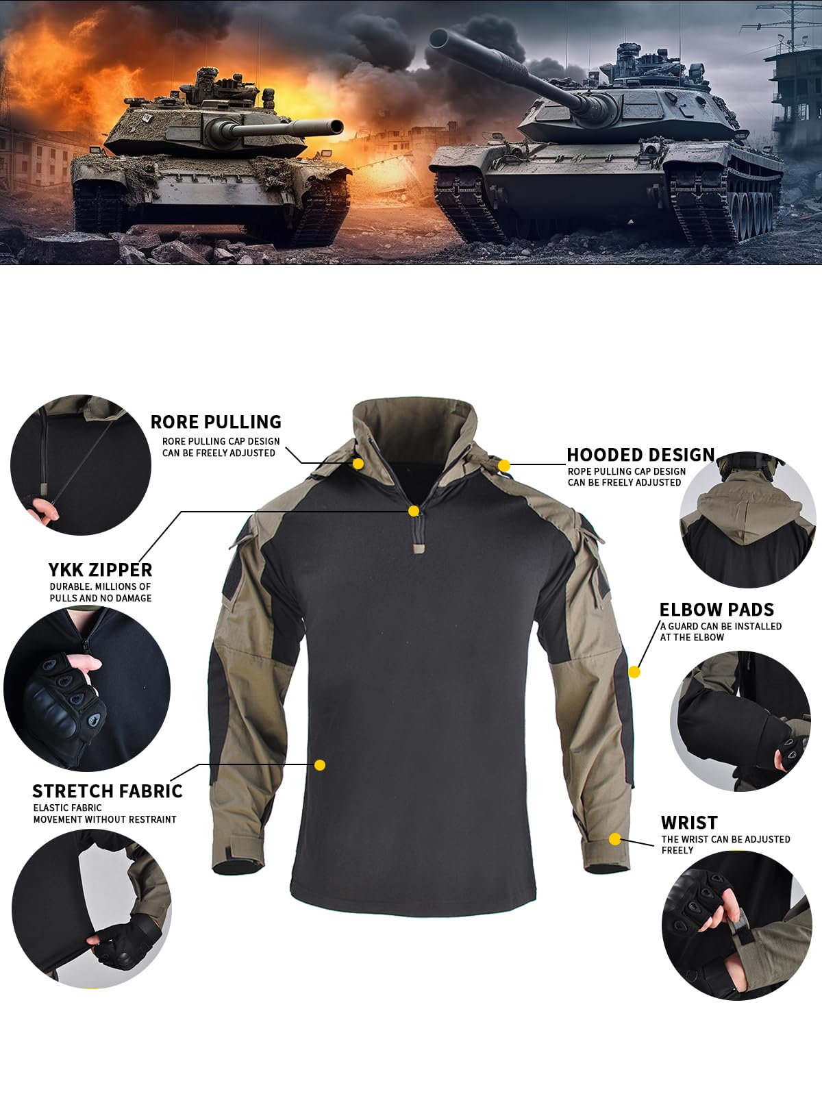 Men's Tactical Shirt Combat Airsoft Long Sleeve Shirts with Elbow Pads Camo Military T-Shirt with Hood
