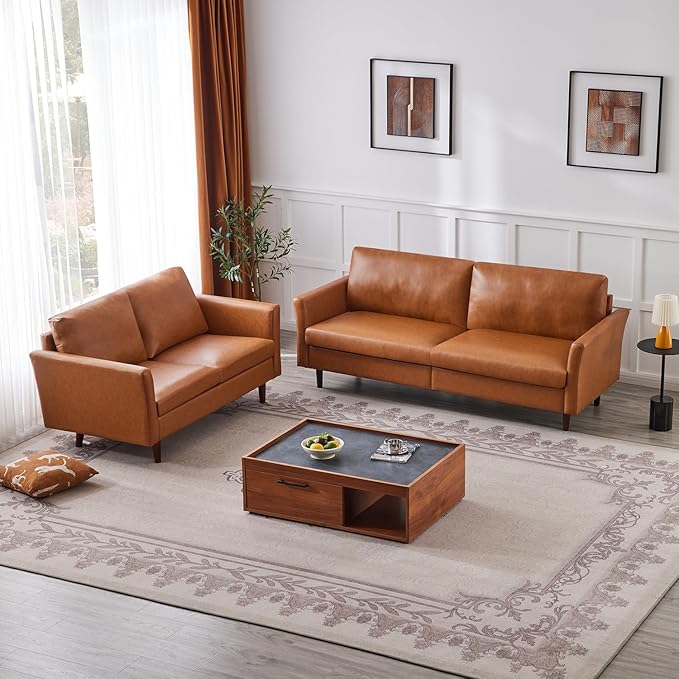 Kingfun Living Room Furniture Sets, 3 Seater Sofa and Loveseat, Mid Century Modern Sofa Set, Faux Leather Couch with Solid Wood Frame for Living Room & Bedroom, Mid Brown